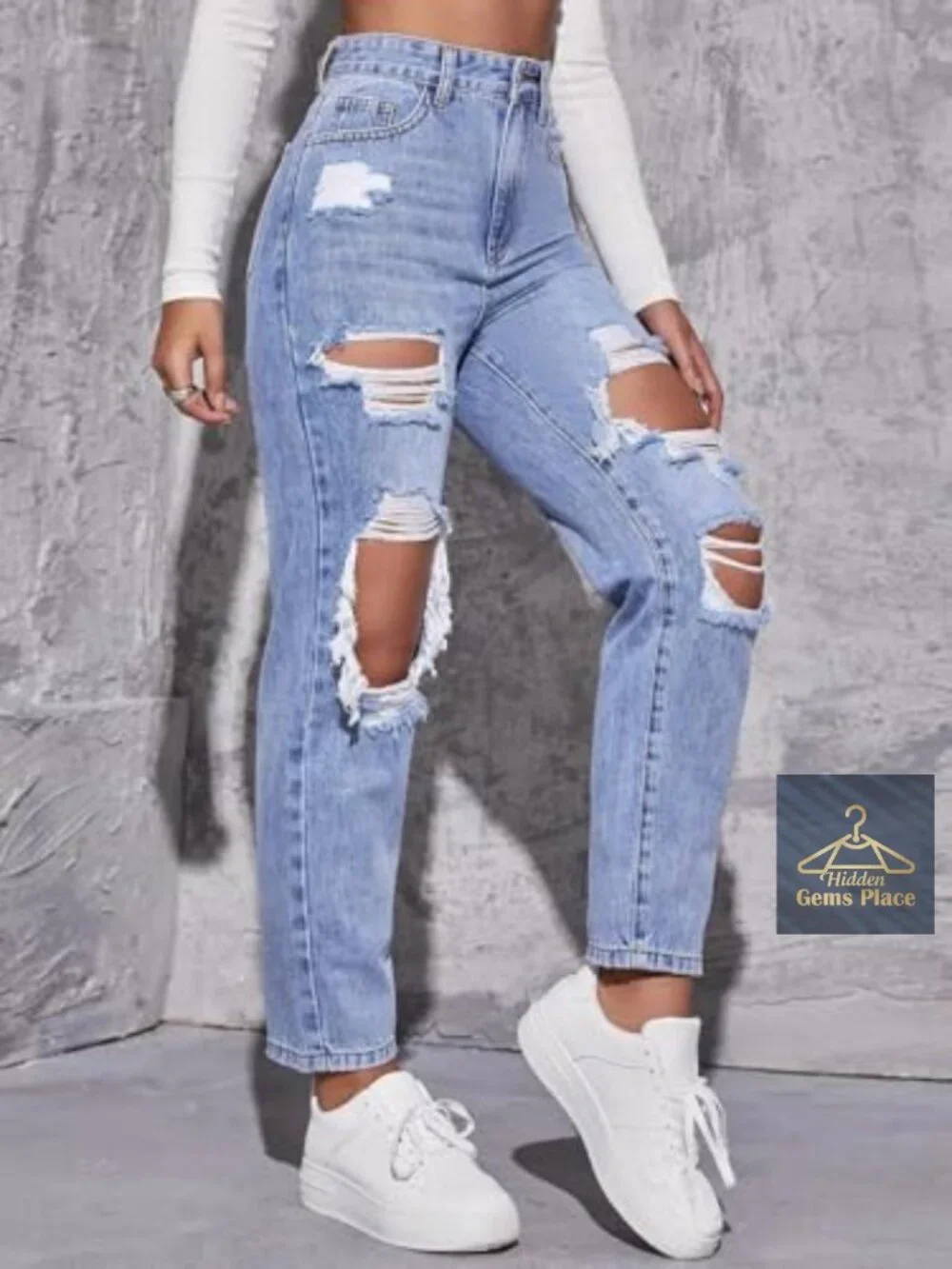 High Waist Boyfriend Straight Leg Ripped Jeans Distressed Denim Pants